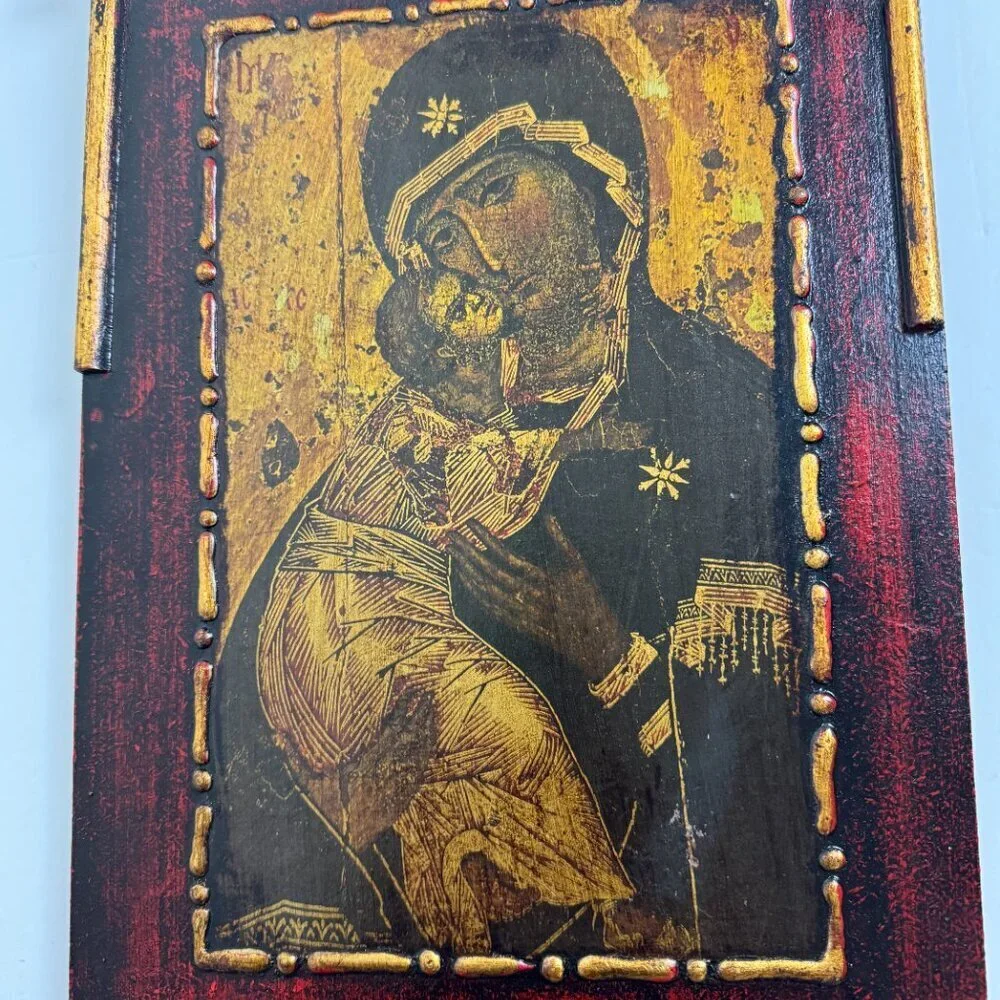 Antique Orthodox Religious Mother Of God Virgin Mary Wooden  Icon